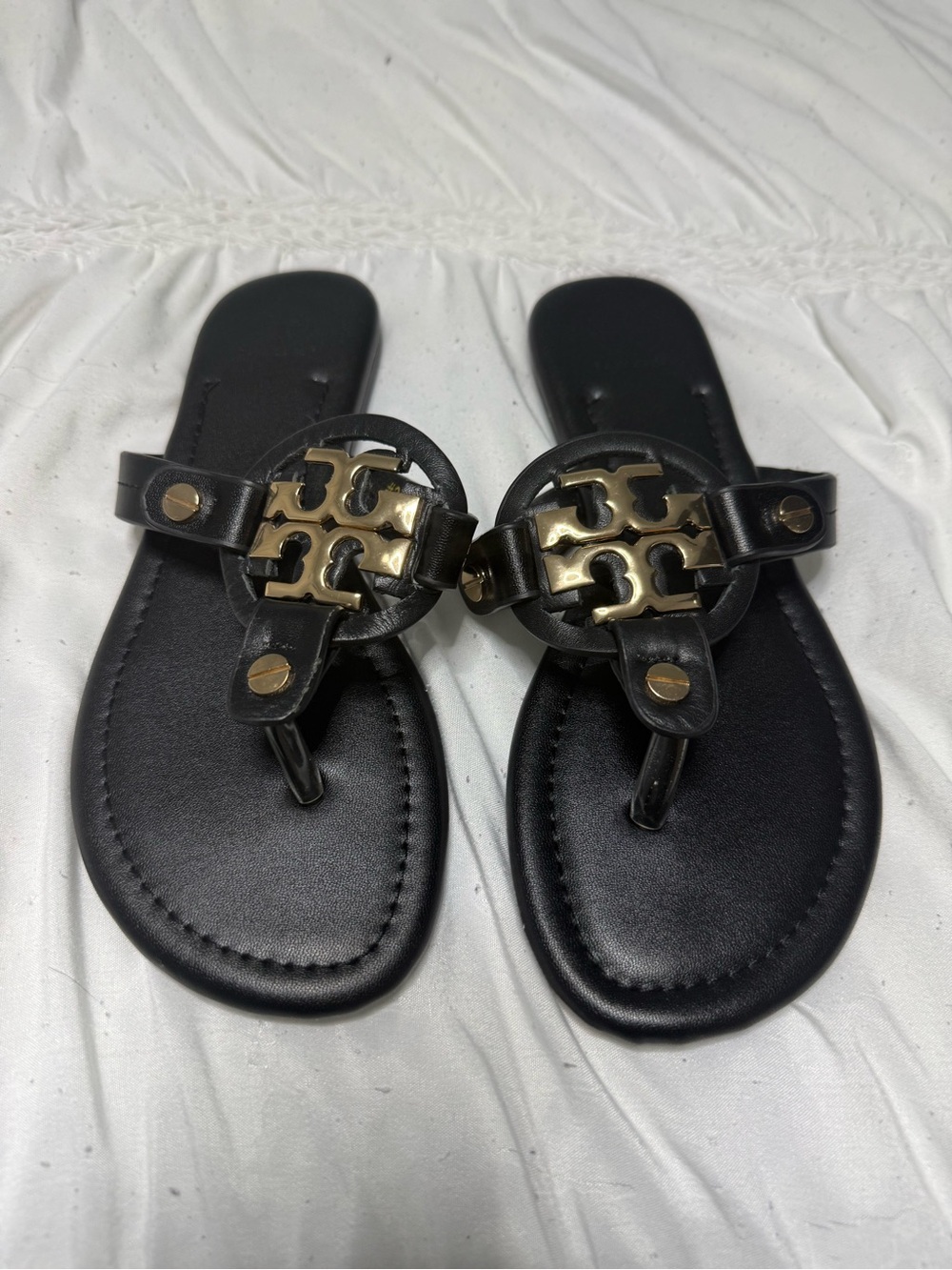 Tory Burch Black Leather Miller Sandals with Gold Logo